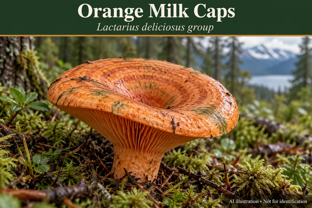 17 orange milk caps Edible Mushrooms in Alaska